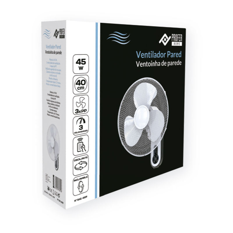 Ventilador de pared con mando, 45W y 3 velocidades